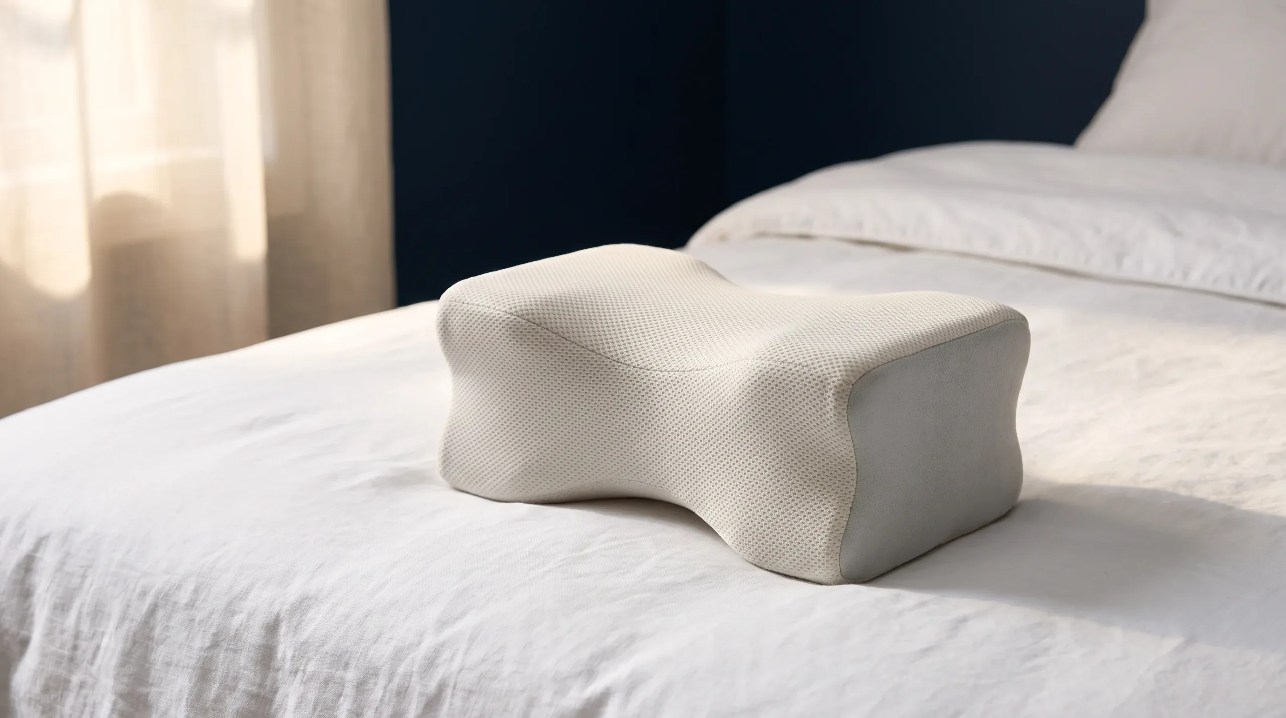Memory foam knee pillow resting on white bedding, the kind used to support the legs and ease lower back pain while sleeping