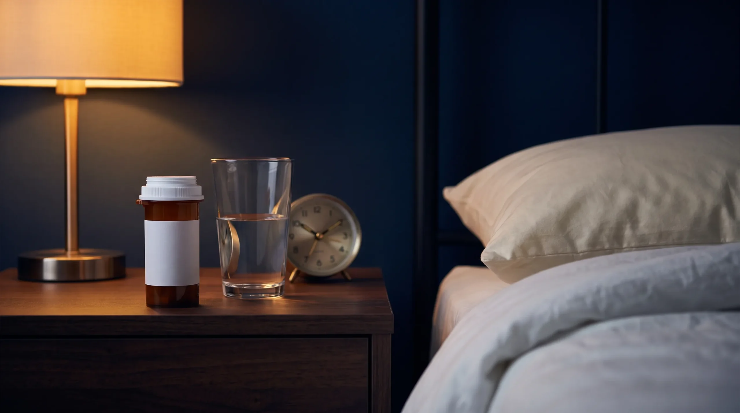 Bedside table at night with a prescription bottle, a glass of water and a clock