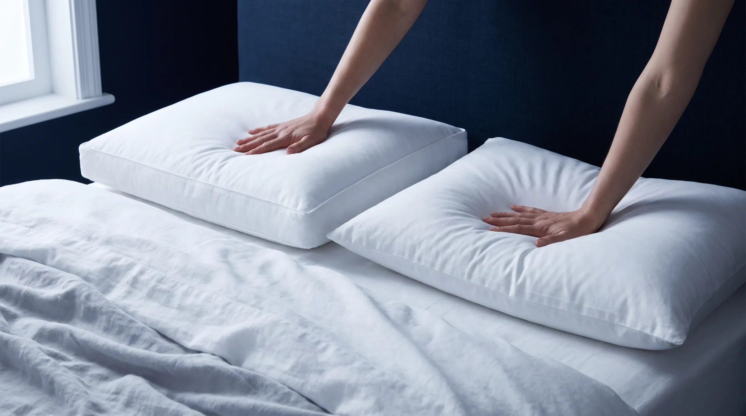 A hand pressing into each of two white pillows, the left one holding its full height and the right one sinking into a deep hollow