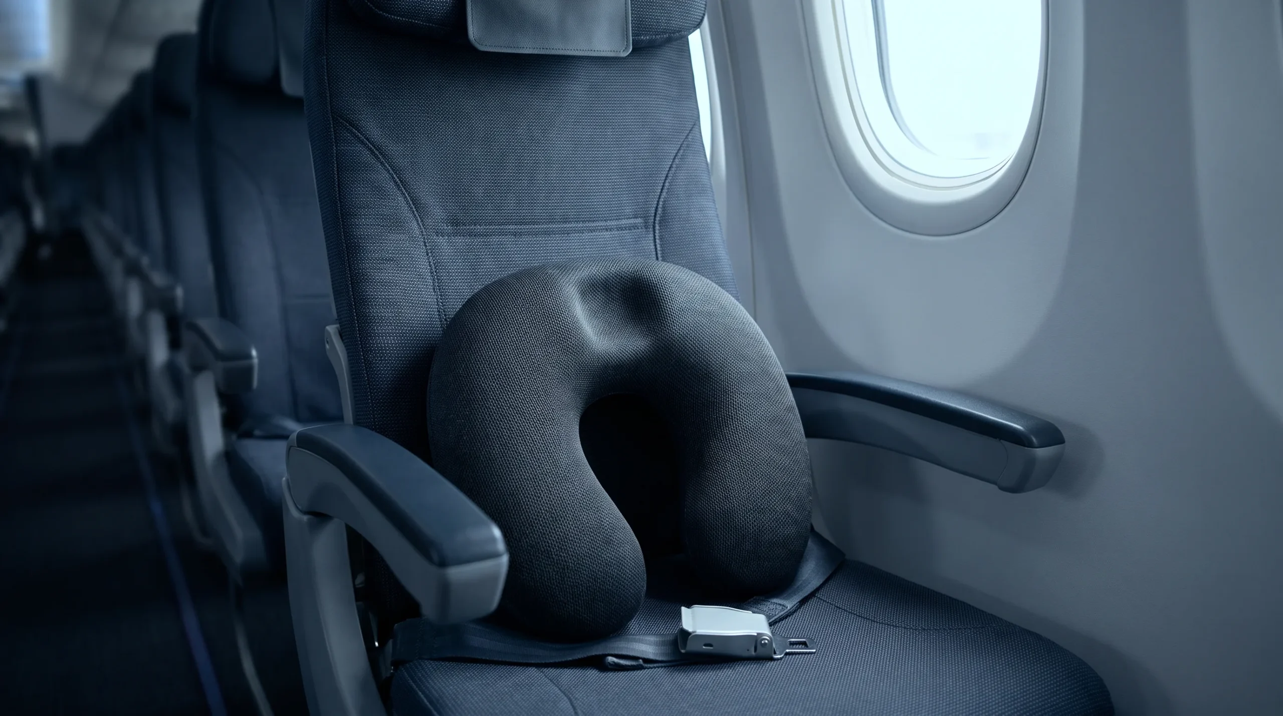 Best travel pillow — a wrap-around memory foam neck pillow resting against the headrest of an empty economy seat by a window