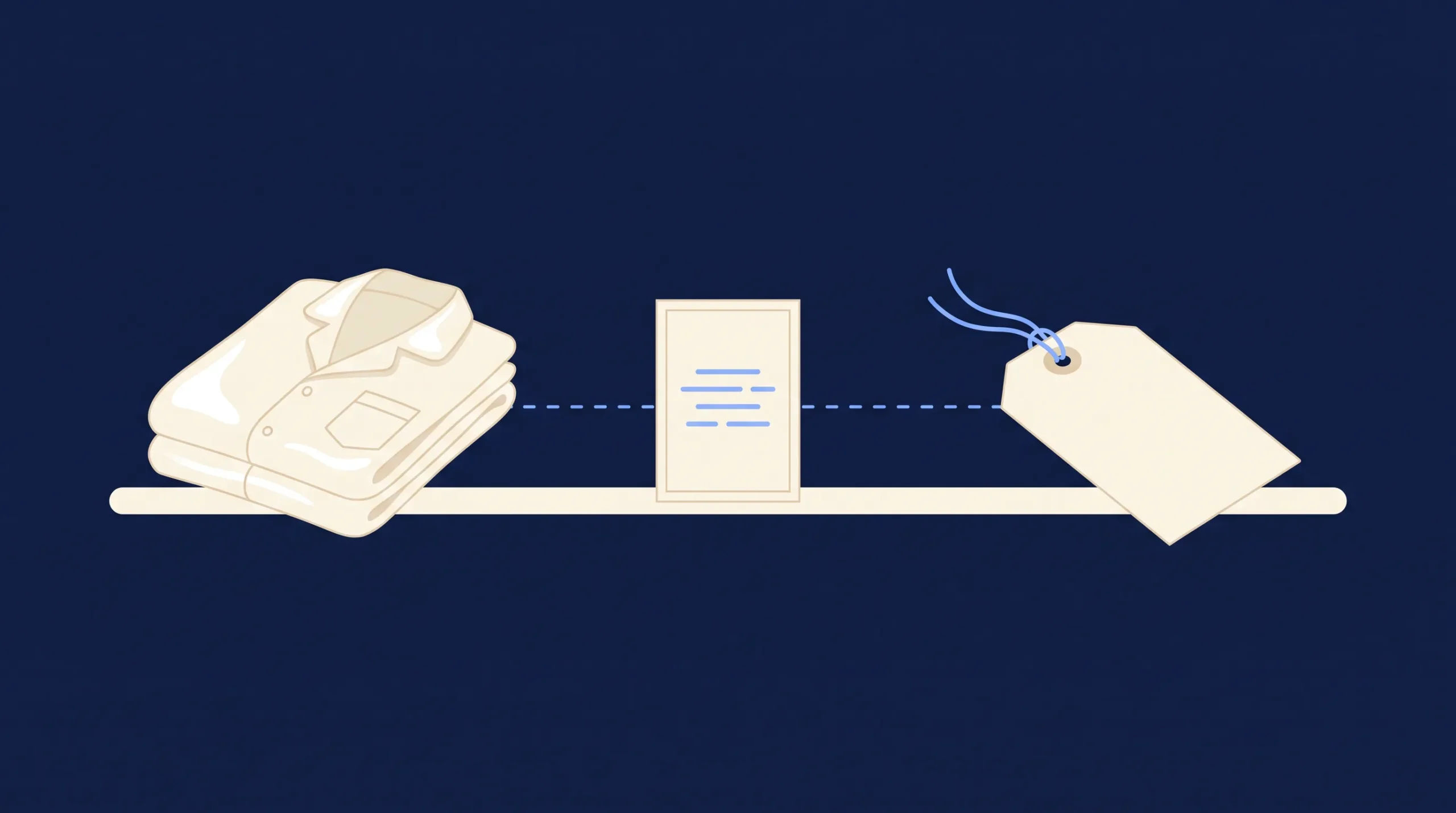 Flat illustration of a folded silk pyjama set beside a blank care label and a return parcel tag, the three things a silk sleepwear buyer can actually check